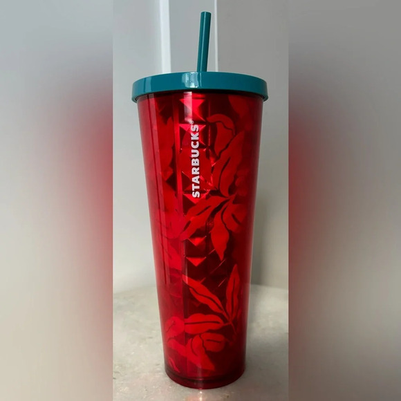 STARBUCKS Rare Red Flower & Teal Lid Straw Tumbler 24oz Excellent Condition - Picture 3 of 5